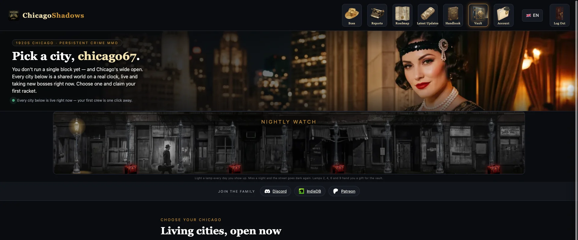 The ChicagoShadows hub page: a hostess, a row of streetlamps, and the greeting 'Welcome back. The city kept moving.'