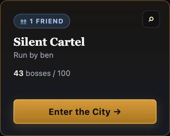 Silent Cartel's world card: 43 bosses of 100.
