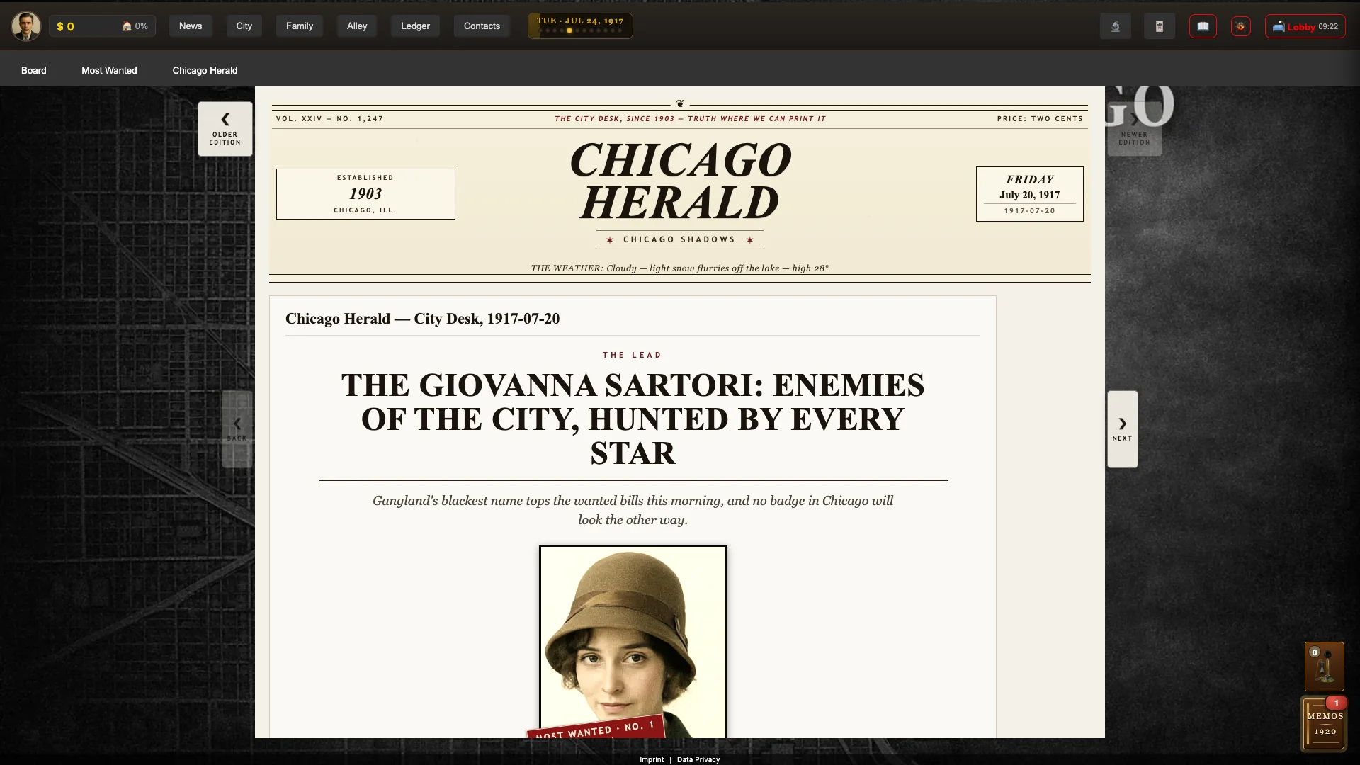 The Chicago Herald front page splash for the city's most wanted boss, Giovanna Sartori.