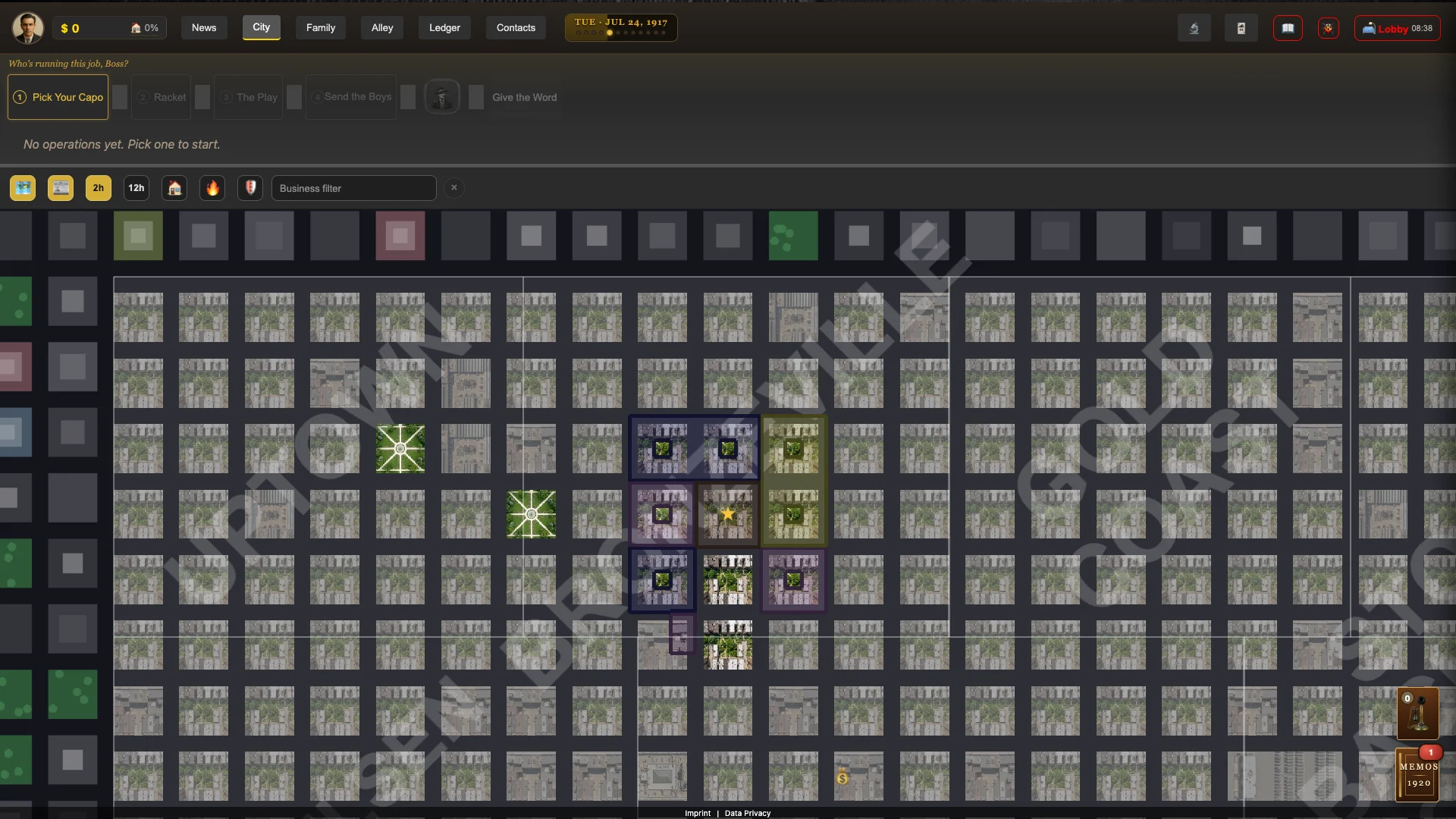 A new boss's map: one HQ star, a sliver of purple turf, fog everywhere else.