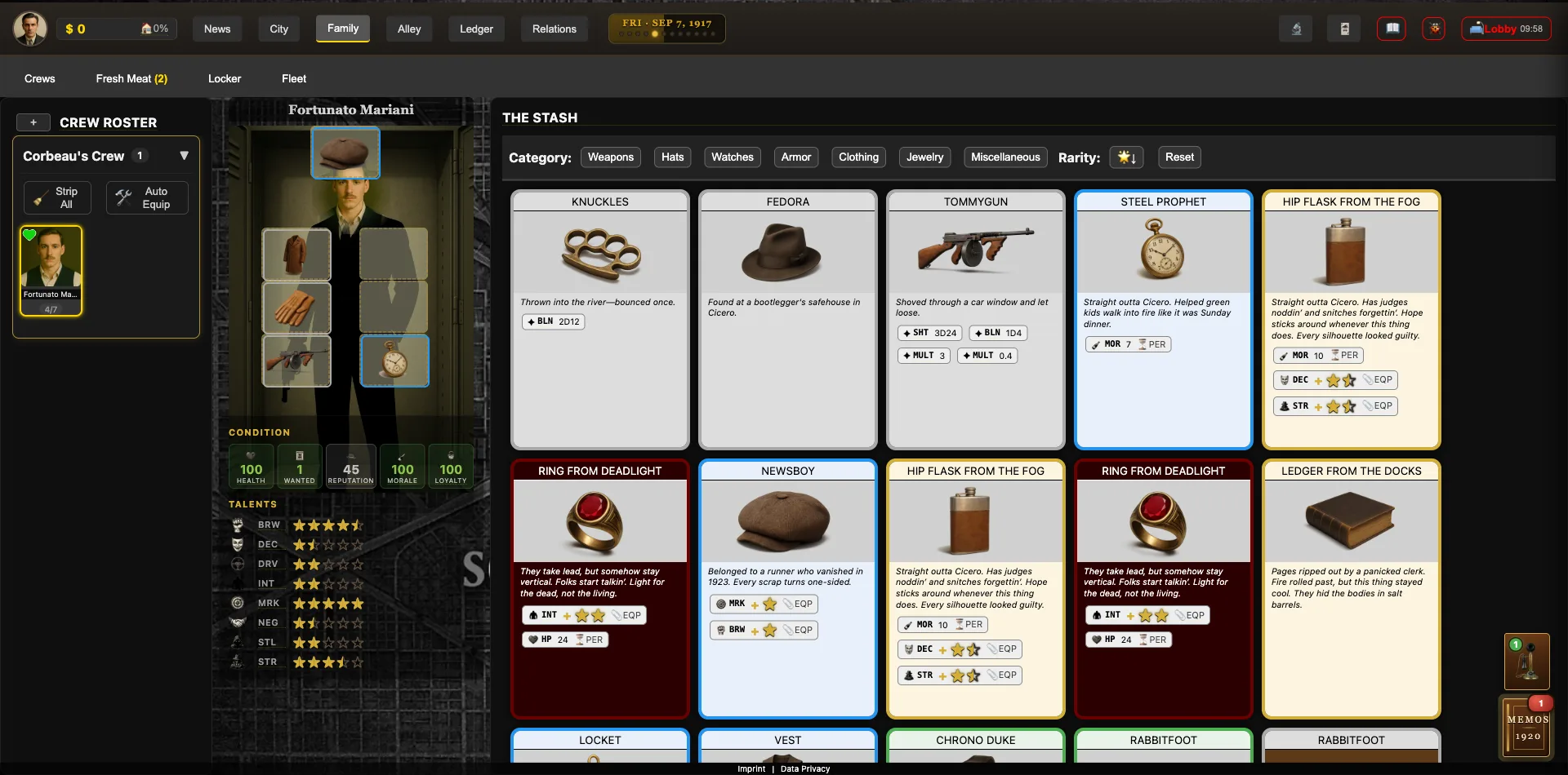 A gangster's locker with equipped gear and a stash of items
